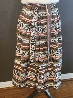 Tumbleweeds Small Cotton 80s A-line Maxi Skirt White/Black/Rust Ethnic Print